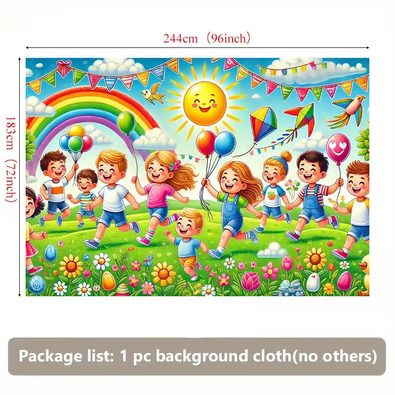 2D Happy Kids Playing with Rainbow Backdrop Party Photo Background Cloth