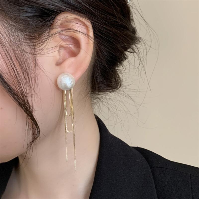 Korean Fashion Imitation Pearl Dangle Earrings Elegant Round Shape Chain Tassel Drop Earrings For Women Bridal Earrings Party Jewelry