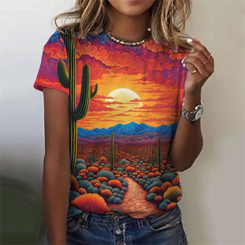 Summer Round Neck 3D Natural Scenery Printed Top Fashionable Casual Sunset Plants Pattern Short Sleeved Women's T-shirts
