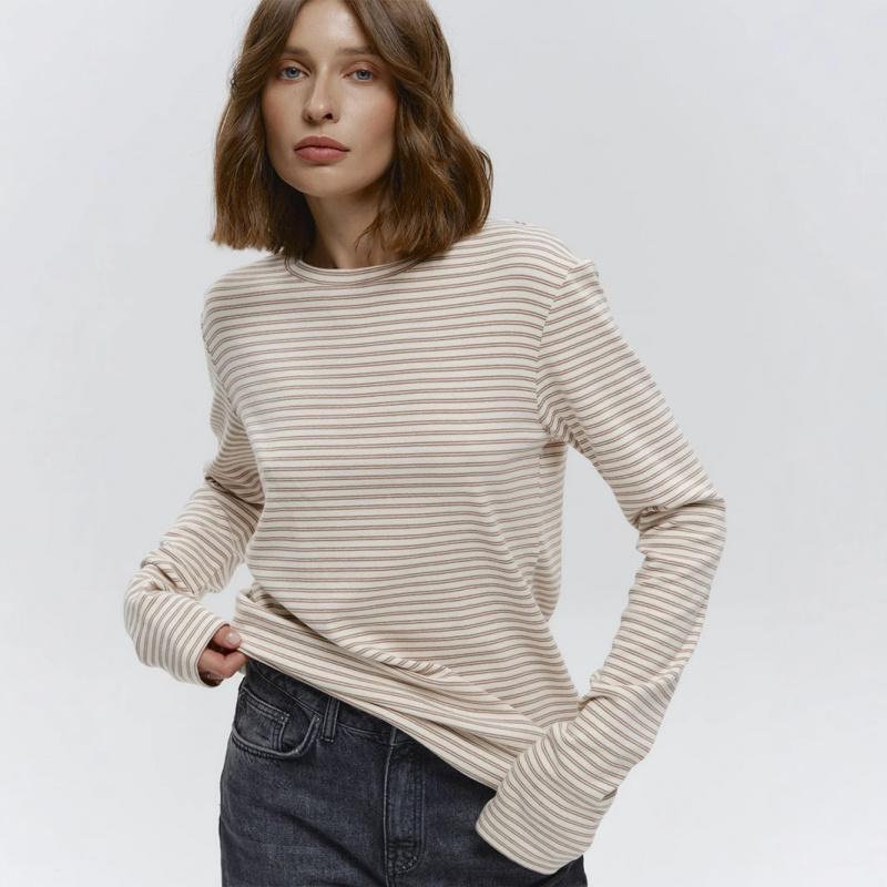 Новая полосатая футболка с длинным рукавом 2026, базовая футболка slim-fit с круглым вырезом для женщин, повседневная футболка