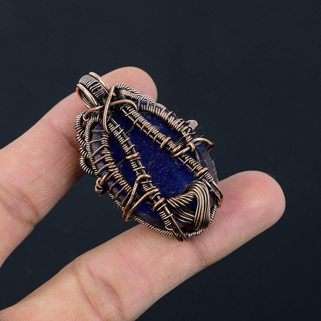 Blue Sapphire Pendant, Handmade Gemstone Pendant, 999 Copper Wire Wrapped Pendant Antique Jewelry, For Engagement Gift