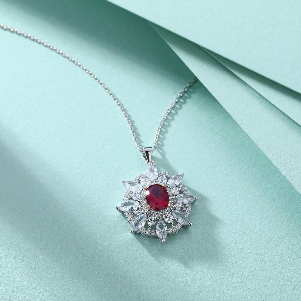 S925 Silver Ruby Natural Stone Zircon Pendant Sunflower Octagram Necklace Women's Premium Sterling Silver Clavicle Chain