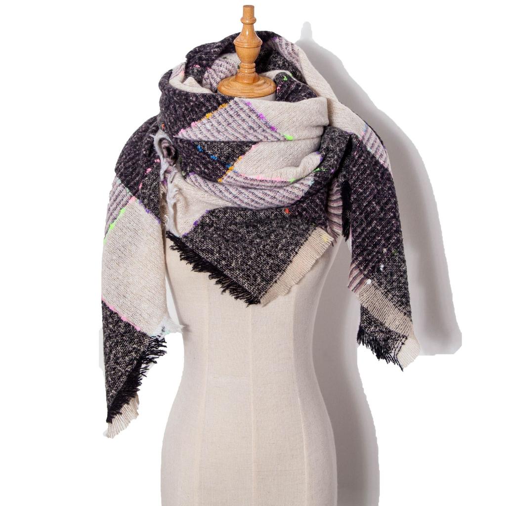 Осенне-зимний шарф с кисточками, женский клетчатый теплый треугольный платок