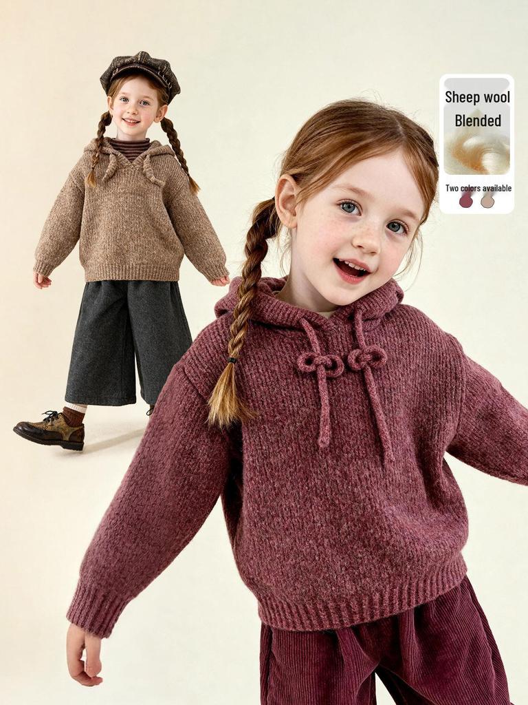 Зимний однотонный худи для девочек 2025 года - Вязаный кардиган из смесовой хлопково-шерстяной пряжи