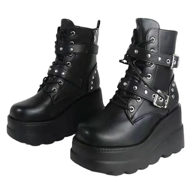 Fashion New Women's Pu Leather Ankle Boots Women Autumn Winter Round Toe Lace Up Shoes Woman Motorcycle Platform Botas Gothic Shoes