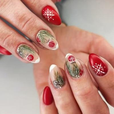 Набор из 24 накладных ногтей матового красного цвета с рождественским дизайном зеленых листьев для праздничных вечеринок, мероприятий, ежедневного использования