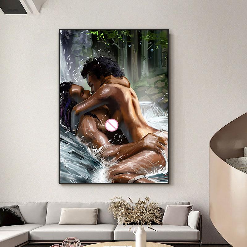 Kissing Lovers Canvas Art Oil Painting Naked Black Couple Poster and Prints Scandinavian Wall Art Modern Home Decorative Picture