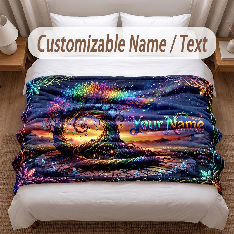 Tree of Life Theme Soft Blanket Personalized Custom Name Text Print Warm Blanket Home Sofa Bedroom Decor