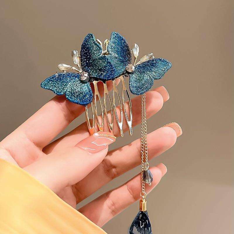 Blue Butterfly Tassels Insert Comb Clip Vintage Elegant Women Girls Ponytail Hair Clip Flower Leaf Tassel Hairpin Styling Tools