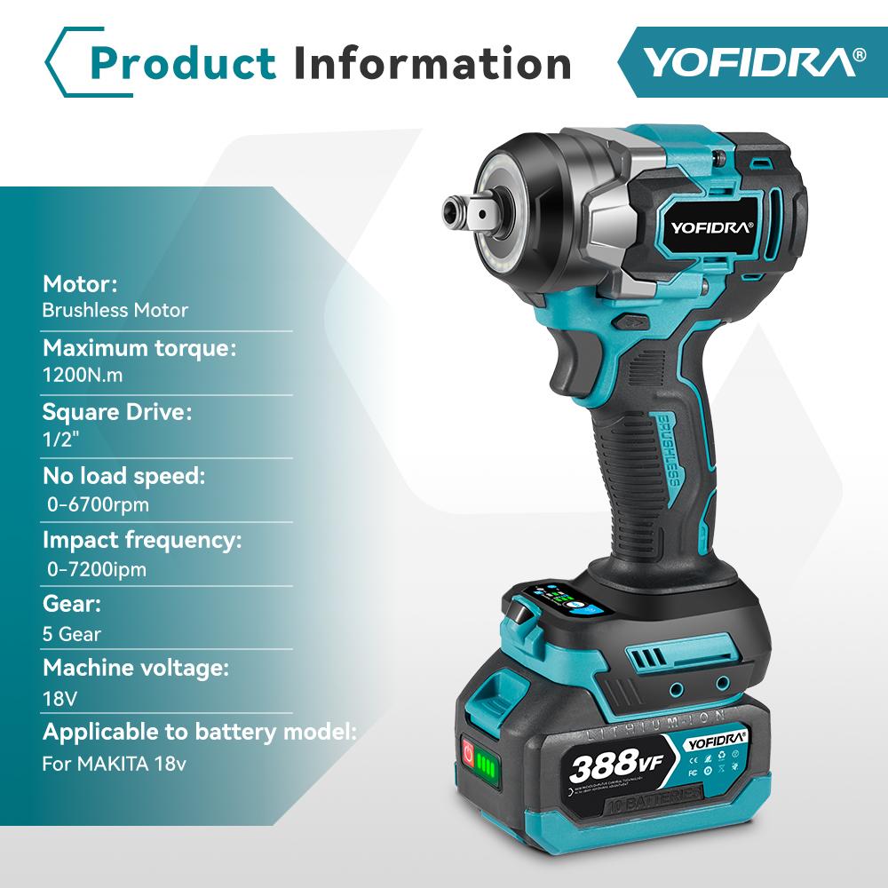 Yofidra 1200 Н.м бесщеточный электрический ударный гайковерт 1/2'' аккумуляторная отвертка для ремонта автомобиля 5 передач электроинструмент для аккумулятора Makita 18 В