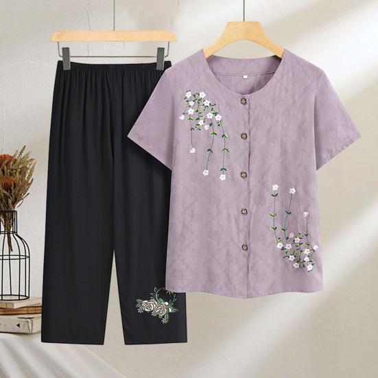 Комплект из двух предметов с цветочным принтом для пожилых женщин, повседневный топ с короткими рукавами и брюки на пуговицах, летняя одежда для бабушек и мам