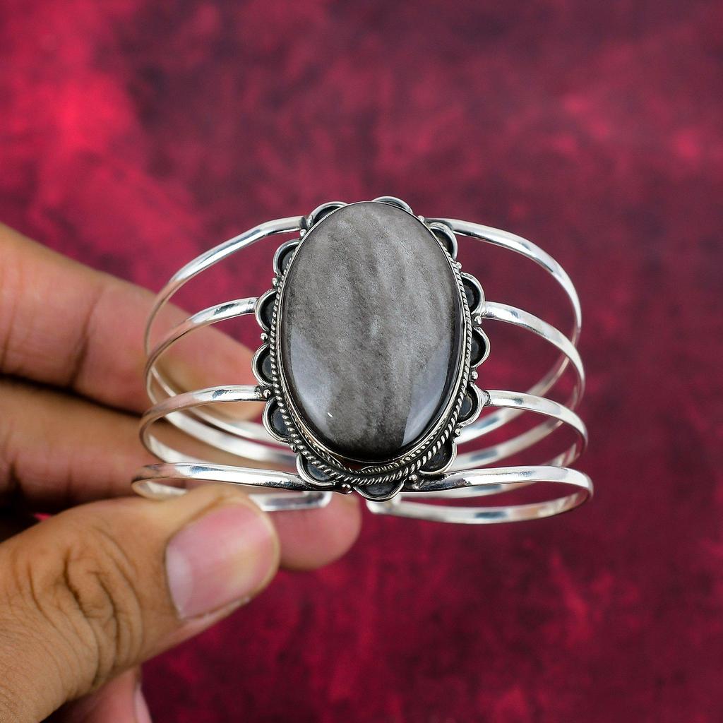 Серебряный блеск обсидиана ювелирные изделия ручной работы из драгоценных камней, браслет из стерлингового серебра 925 пробы, уникальный дизайн ювелирных изделий, для женщин