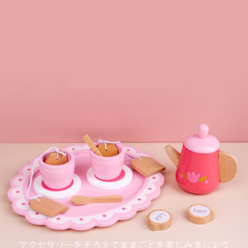 Wooden Pink Teapot Tea Cup Afternoon Tea Set Children Toy Roleplaying For