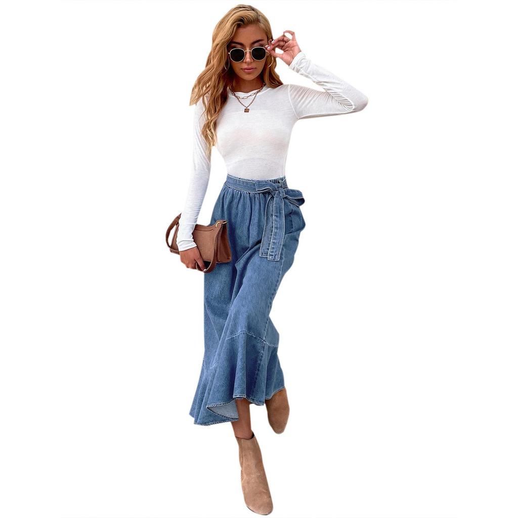 Джинсовая миди-юбка с высокой талией и оборками для женщин