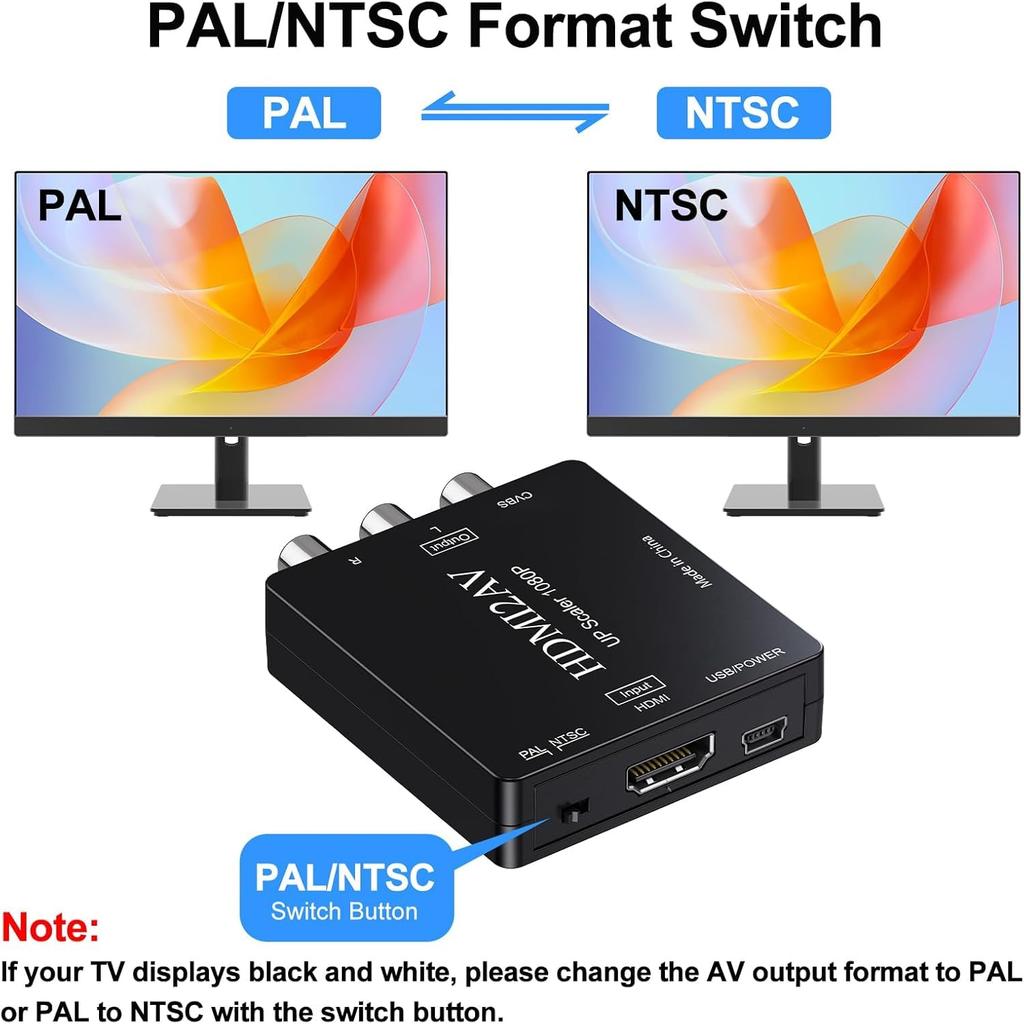 Pkouocry HDMI To AV 1080P Analog Audio for and Includes Charging Black Converter, Support, Conversion, Output, TVs, PS3, PS4, PS5, PC, Blu-ray