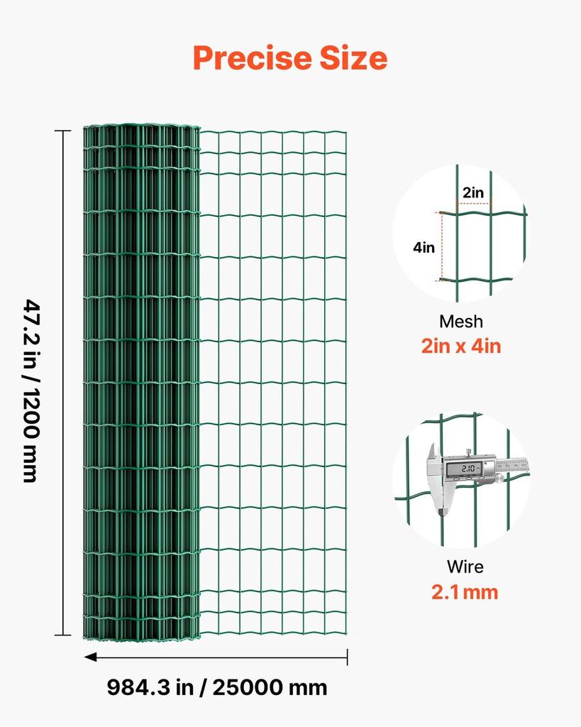 Farm Fence, 1.2 x 25 m, 2 x 4 in Mesh 2.1mm Galvanized Steel Wire Fencing for Cattle, Hog & Sheep, Heavy Duty Vinyl Coated Livestock Fence for Animal