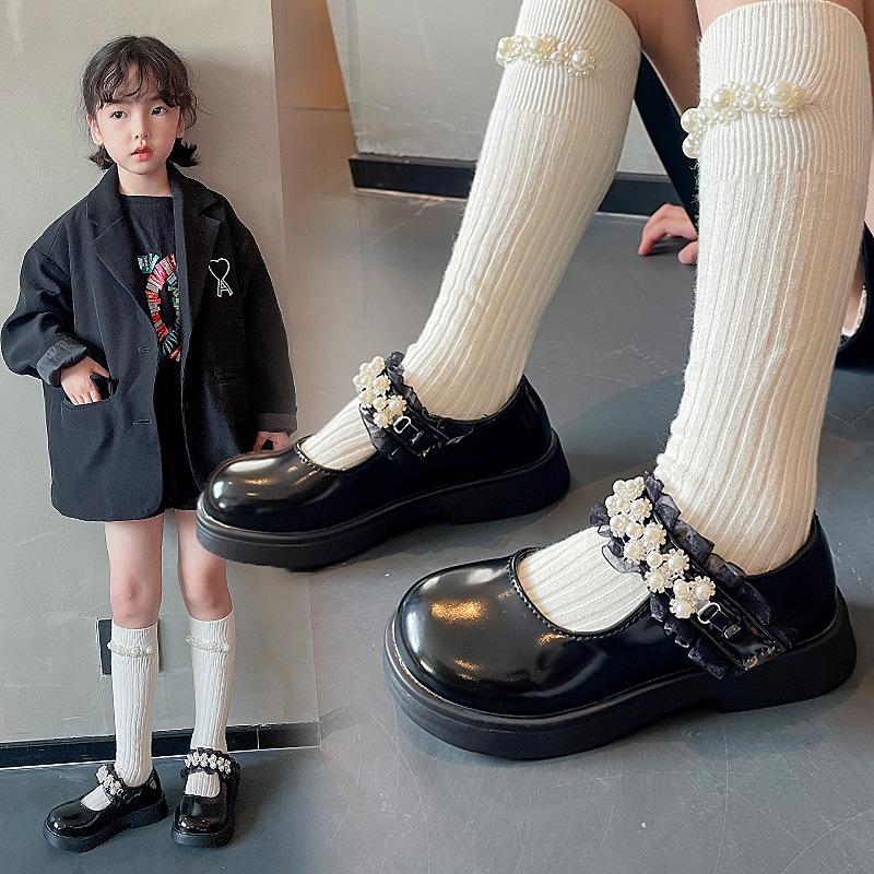 Черные туфли для вечеринок для девочек, кожаные туфли для больших детей, туфли Мэри Джейн с жемчугом, бисером и кружевными оборками, шикарные для свадебных танцев, новые