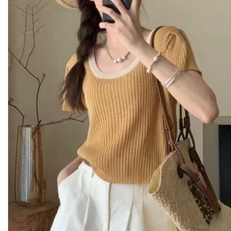 Модная трикотажная футболка с коротким рукавом, разноцветная, женская, летняя, с круглым вырезом, узкая, короткая, уникальная, шикарная, маленькая, топы, повседневные, облегающие, пуловеры, футболки