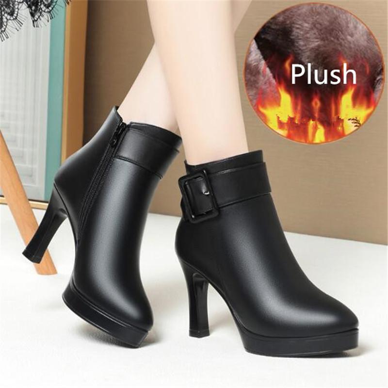 Women High Heels Genuine Leather Women Ankle Boots Autumn Winter Platform Plush Ladies Boots Brand Fashion Women Shoes