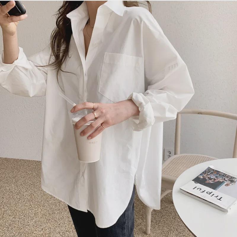 Women's White Long Sleeve Versatile Loose Fit Mid-Length Shirt, 2025 Korean Design, Spring Collection