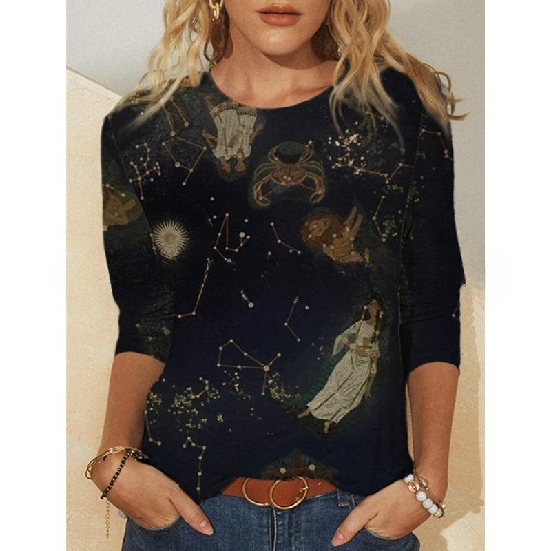 Round Neck Printed Long Sleeved Fashion Casual Top T-shirt for Women Shirt