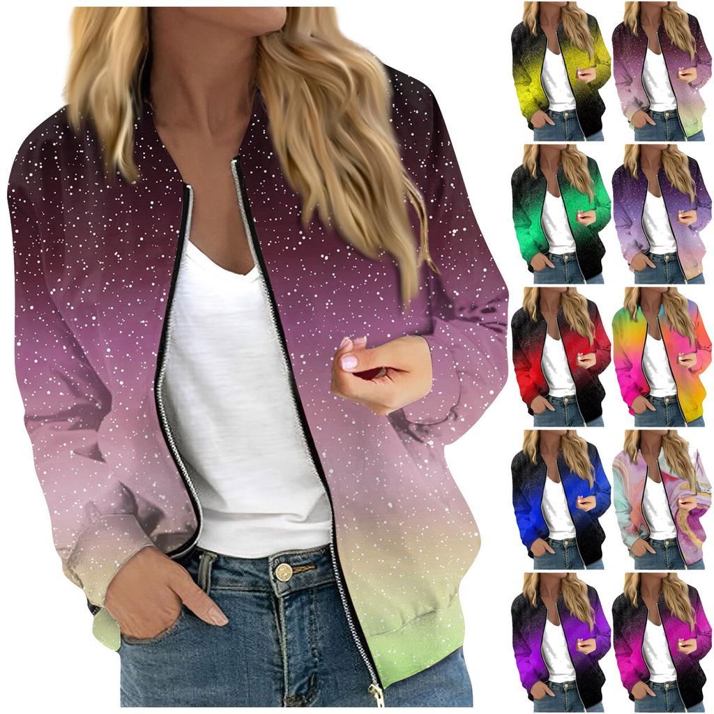 Women's Fashionable Casual Long Sleeve Color/Gradient Print Round Neck Zipper Jacket