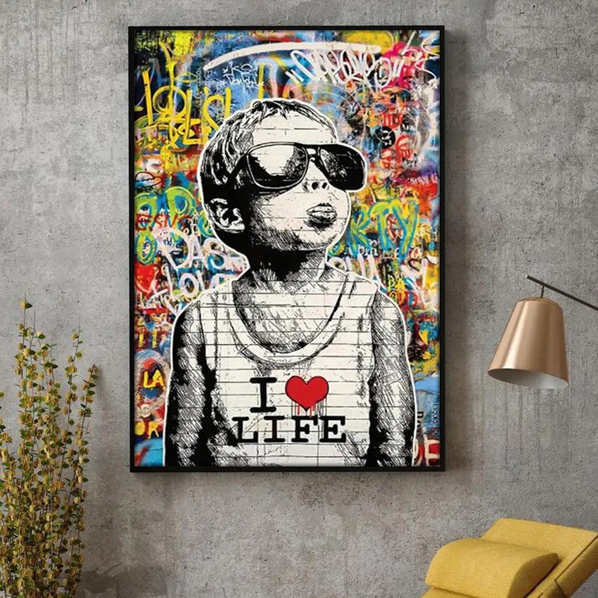 Граффити Бэнкси Я люблю жизнь Маленький мальчик Плакаты и принты Настенные картины на холсте Уличный поп-арт для спальни Гостиная Декор