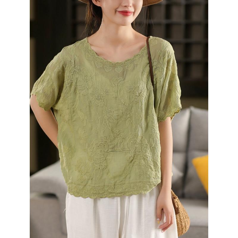 Летняя кружевная футболка с круглым вырезом, женская блузка с коротким рукавом, топы, футболки, повседневная свободная зеленая футболка