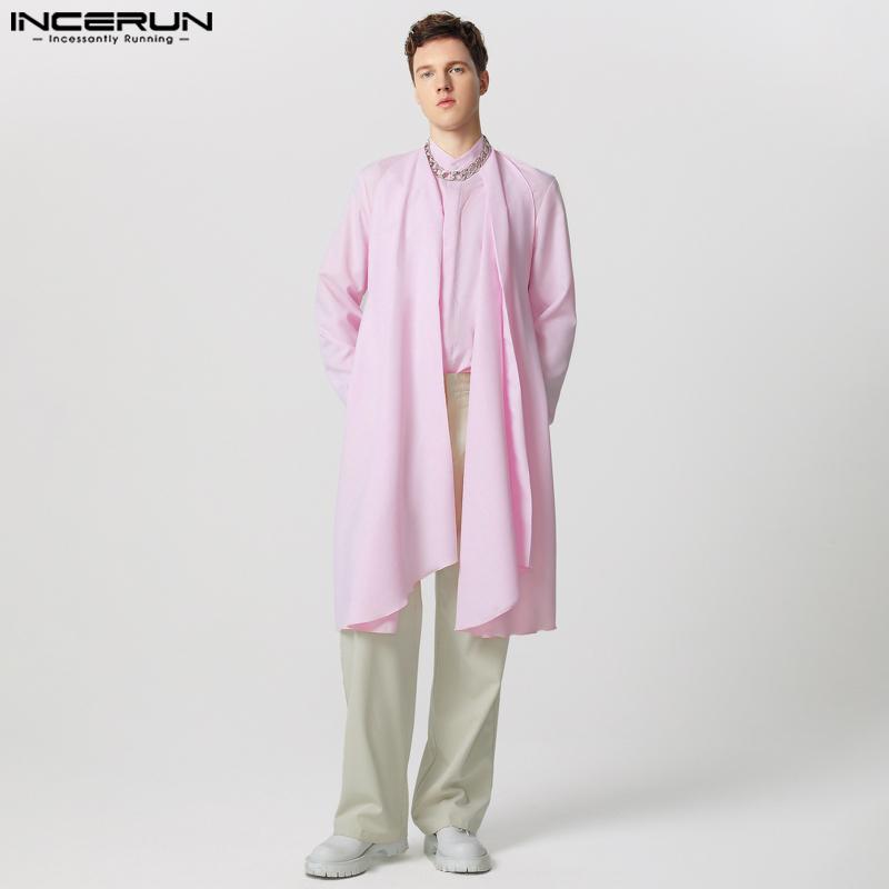 INCERUN Мужские рубашки с воротником-стойкой, длинным рукавом, пуговицами, слоями, повседневные топы