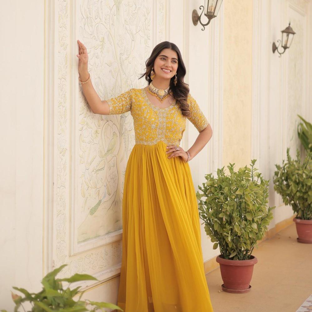 Designer Gown Is Luxury Clothing Considered To Be High Quality Made by Zari-Thread & Sequins Embroidery. 3 COLOUR (Green ,Red, Yellow)