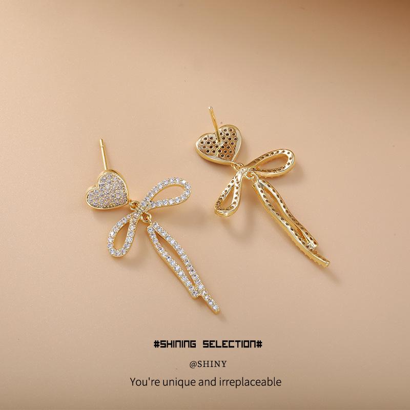 Shining Pearl Heart Bow Earrings: Women’s Korean Style with High-End Elegance and Personality