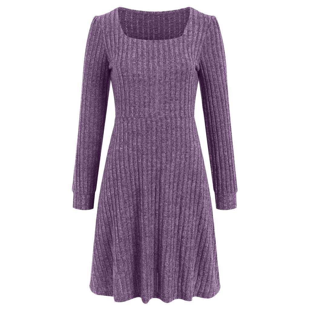 Женское трикотажное платье с длинными рукавами и карманами, квадратный вырез, облегающие платья, однотонное трикотажное элегантное платье для женщин