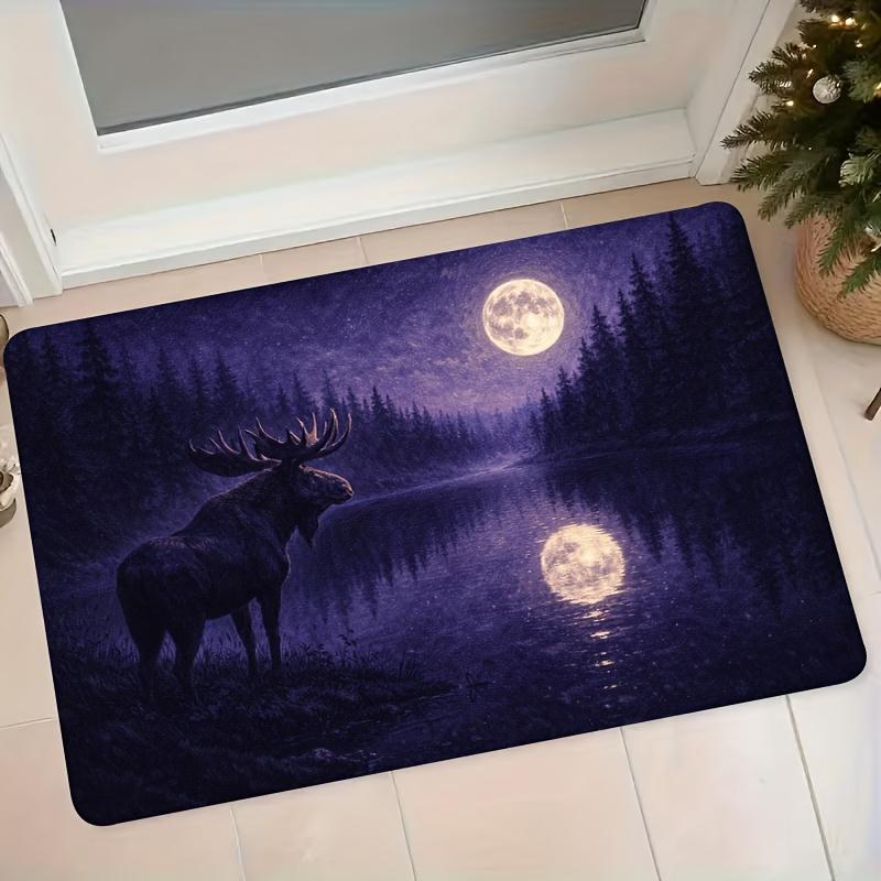 1pc Elk Moonlit Night Forest Floor Mat Suitable for Entrance Door, Bathroom, Bedside - Non-Slip Water-Absorbent Soft with Elk, Machine Washable Rectan