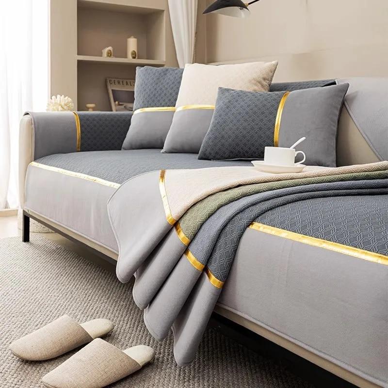 Легкая роскошная диванная подушка из синели, универсальный чехол Four Seasons, однотонный золотой коврик для дивана с краями, нескользящий L-образный чехол для дивана