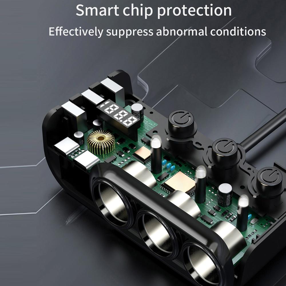 Автомобильные зарядные устройства 120 Вт Адаптер быстрой зарядки Разветвитель питания на 3 гнезда 12 24 В с 3 USB-портами + 2 портами Type-C Отображение напряжения