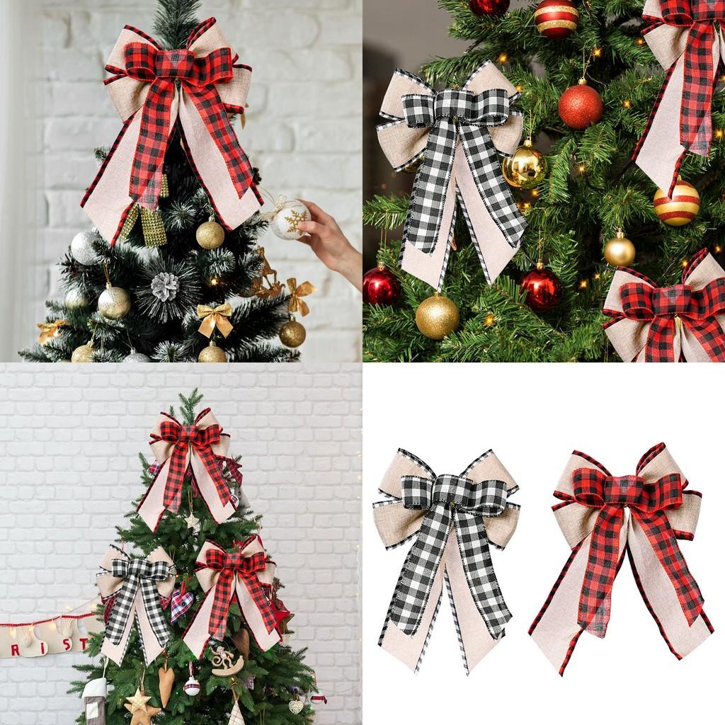 Christmas Bow With Checkered Edges And Ribbon For Festive Tree Decoration