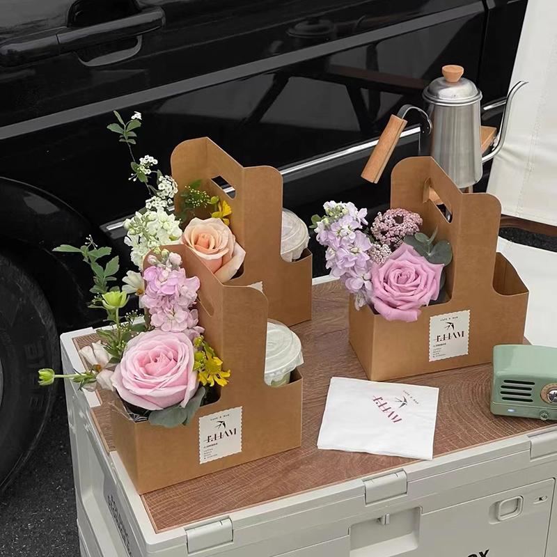 10 шт. Портативный подарочный пакет для цветов Крафт-бумажный держатель Кофе Цветочный торт Десерт Упаковочная коробка Фото Сувенир Переноска для напитков с ручкой