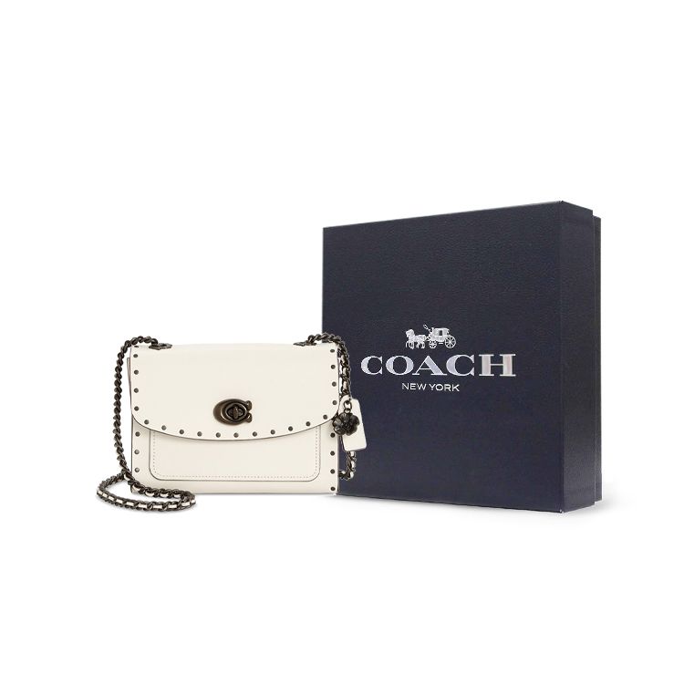Coach Parker 18 Стиль Sweet Cool Поворотный замок Логотип Кожаный с заклепками Сумка через плечо Сумка на плечо женская маленькая Белый 29389-BPCHK