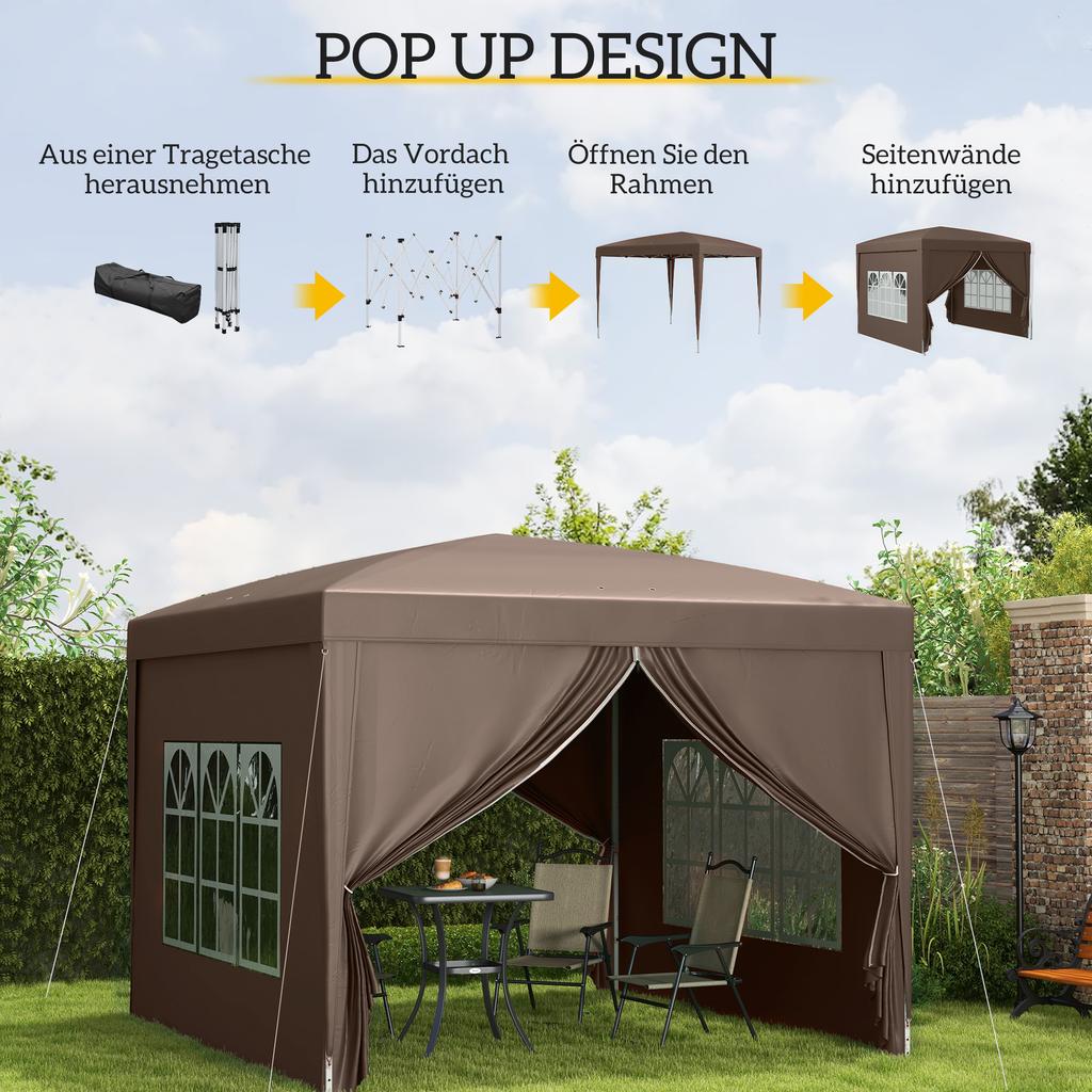 3x3(m) Pop-Up Gazebo, with Curtain Walls and Windows, Coffee