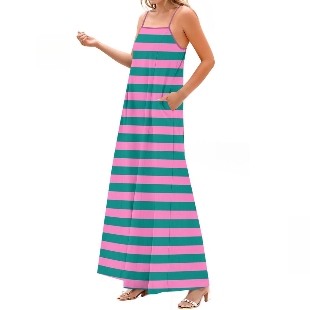 Women's Spring And Summer Casual Fashion Adjustable Suspenders Printed Long Dress