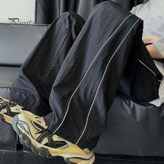 Men's Quick-Dry Baggy Trousers Drawstring Waist Loose Fit Pants Lightweight Casual Trousers with Side Lines Decoration for Street Vacation