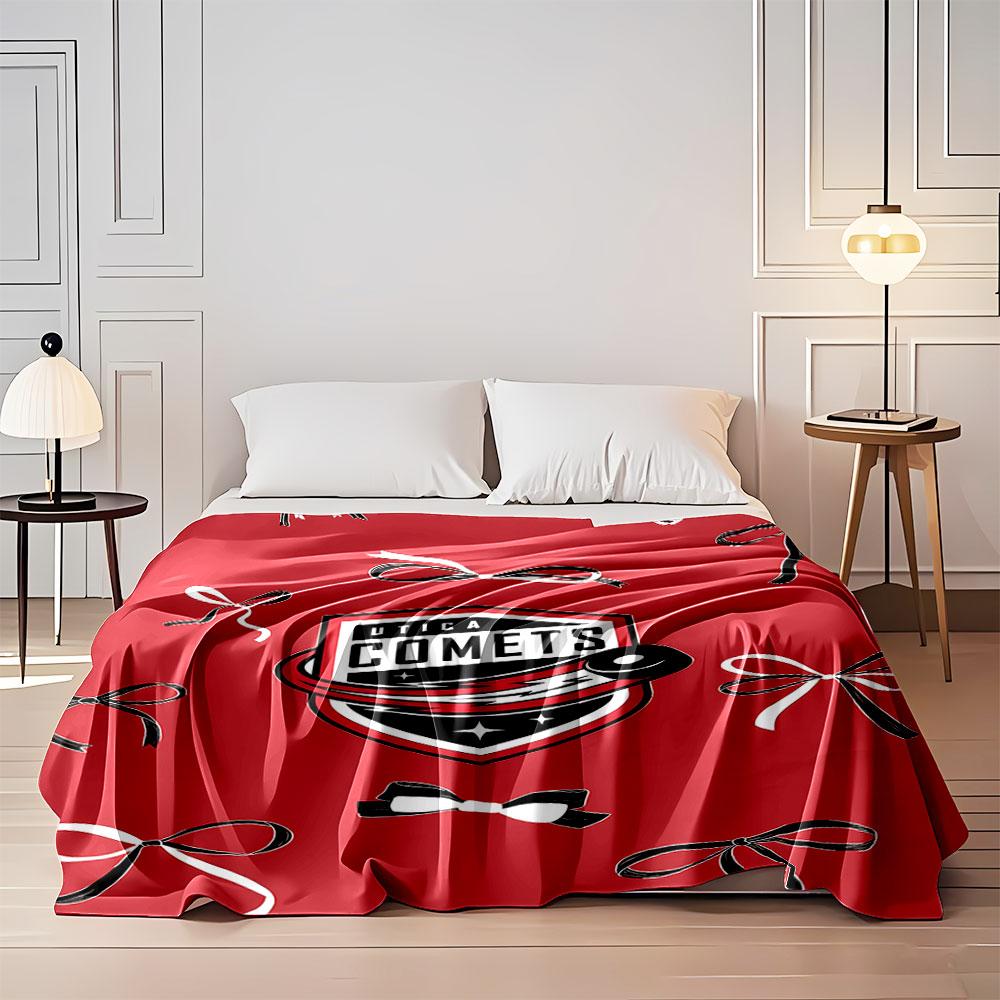 Red background with a shield logo and black and white ribbon patterns. for all seasons blanket lunch break throw gift