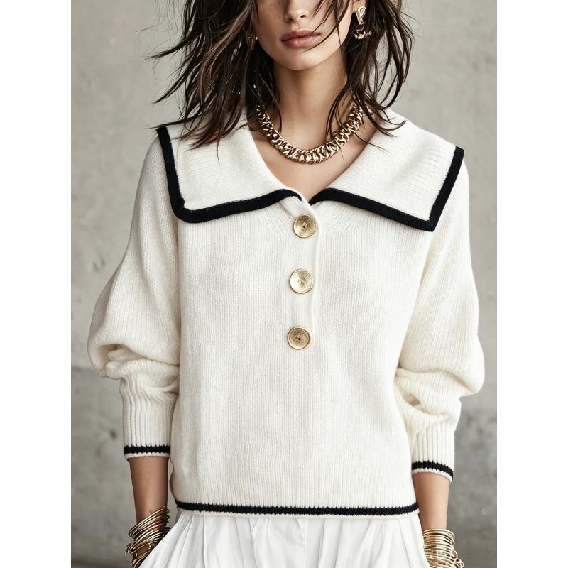 Women S Vintage Color Block Lapel Loose Long Sleeve Knit Sweater
