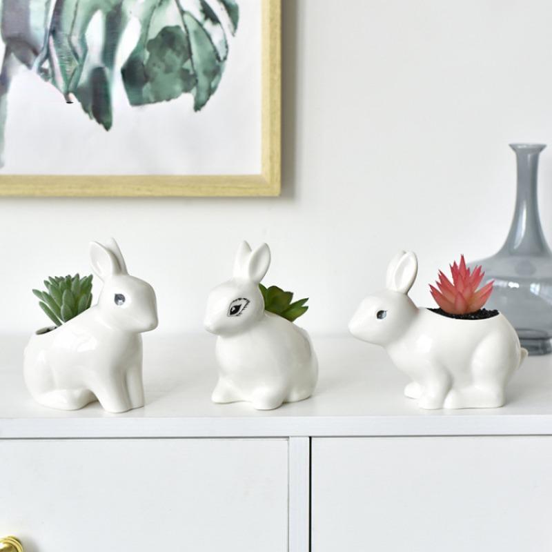 Creative Cute Flower Pots White Porcelain Pots Rabbit Flower Pots Succulent Pots Plant Pot Hanging Planter Home Decoration