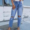 Ladies' Solid Color Casual Versatile Mid Waist Ripped Denim Straight Leg Pants Jeans