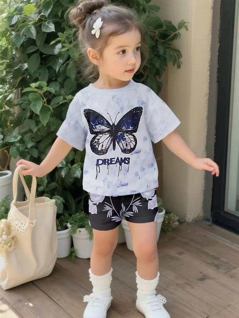 Летний детский удобный милый комплект из 2 предметов: футболка с коротким рукавом и шорты с 3D-принтом бабочки для мальчиков и девочек, повседневный домашний и уличный комплект