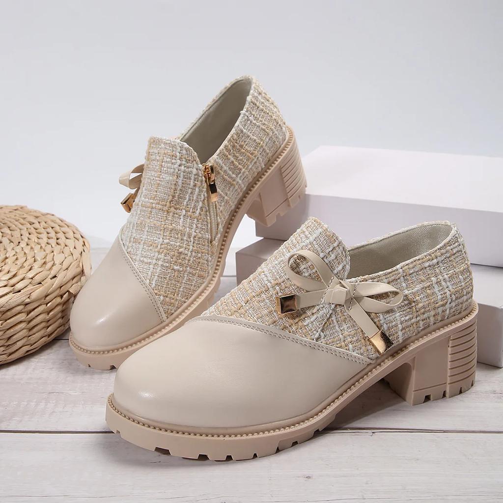 Модные женские элегантные туфли-лодочки в стиле колор-блок Comemore 2025 Весна Новинка Толстый каблук Женские одинарные туфли Круглый носок Декор в виде бантика Каблуки для женщин