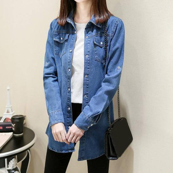 Женская рубашка-пальто с лацканами и длинными рукавами, свободная джинсовая рубашка средней длины, базовая верхняя одежда в повседневном стиле с карманами