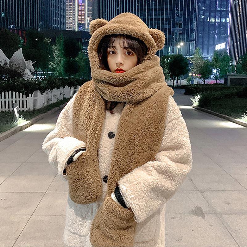 Hat Scarves Cashmere Warm Winter Scarf Pockets Glovers All In One Women Fashion Shawls Cat Ear Cute Kawaii Winter Scarfs