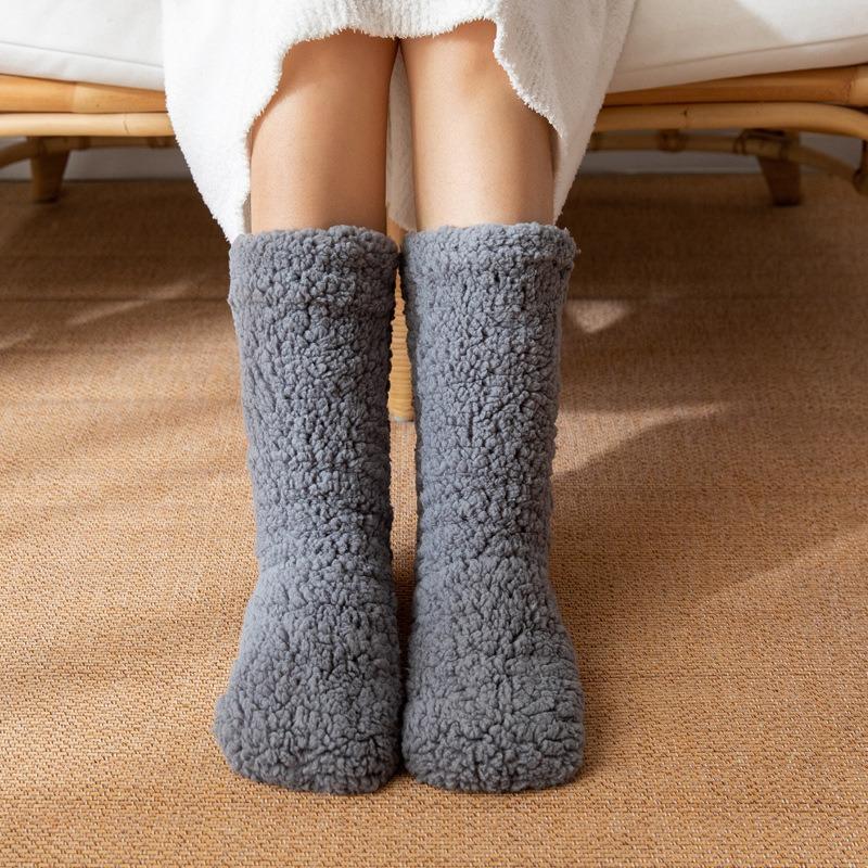 1 Pair Winter Warm Women Floor Socks Solid Color Plush Soft Non-slip Home Thickened Thermal Carpet Sock